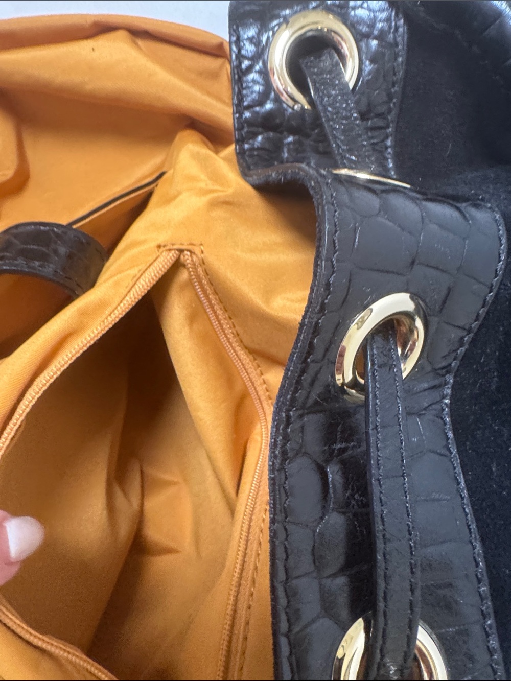 Cole Haan Black Suede Drawstring Shoulder Bag with Gold Hardware - Picture 9 of 12